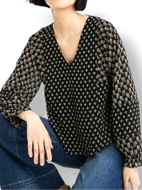 Madewell Paisley Peasant Blouse XXS Black Boho V Neck Long Sleeve Lined Top